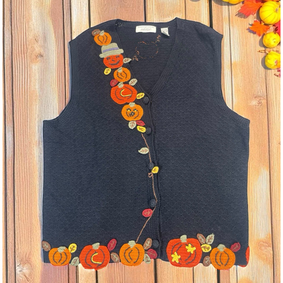 VTG Lord & Taylor Crochet Sweater Vest Women's Size XL Fall Pumpkin Halloween - Picture 1 of 16